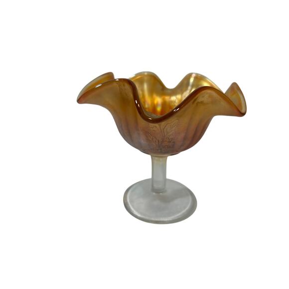 Carnival Glass Imperial Marigold Compote Stem Leaf Design 4" Tall Orange Vintage - Picture 1 of 3